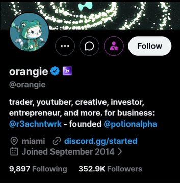 A Twitter profile for 'orangie' (@orangie) showing the bio 'trader, youtuber, creative, investor, entrepreneur, and more. for business: @r3achntwrk - founded @potionalpha', based in Miami, joined September 2014, with 352.9K followers.