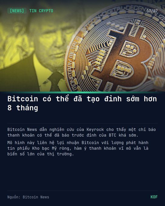 A Vietnamese crypto news article titled "Bitcoin có thể đã tạo đỉnh sớm hơn 8 tháng" featuring a large image of a Bitcoin coin overlaid on a portrait, discussing Keyrock research on BTC's potential early peak.