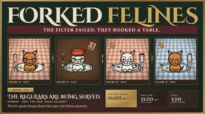 A digital artwork titled 'FORKED FELINES' with the tagline 'THE FILTER FAILED, THEY BOOKED A TABLE,' depicting four cats seated at dining tables with various items like wine, ketchup, and books, with statistics shown at the bottom.