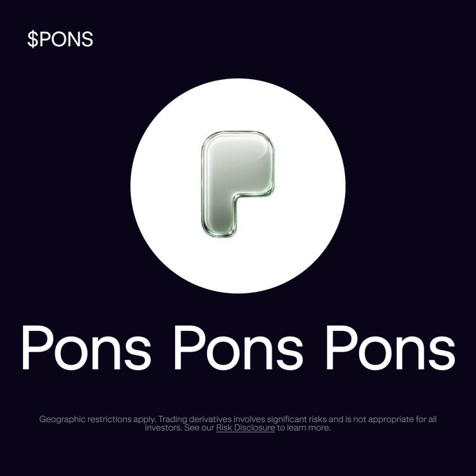 A sleek, minimalist advertisement featuring a translucent, glass-like "P" logo in a white circle on a black background, with "$PONS" in the top-left corner and "Pons Pons Pons" as the main headline, promoting the newly launched PONS perpetual futures contract for long or short trading on Kraken Pro. A risk disclosure at the bottom notes geographic restrictions apply.