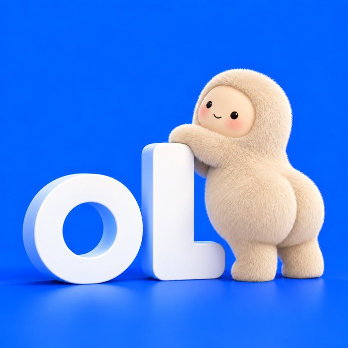A fluffy, smiling cream-colored character leans against large white "OL" letters on a bright blue background, embodying the playful mascot of the MuseWorld community tied to @openlaunch_lol. The image visually represents the wholesome, soft-aesthetic branding highlighted in the post about the project.