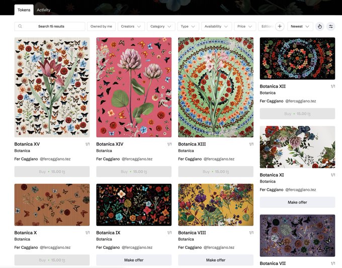 Screenshot of an NFT marketplace displaying 15 'Botanica' digital art pieces by Fer Caggiano (fercaggiano.tez), featuring colorful floral illustrations with prices around 15 tez.