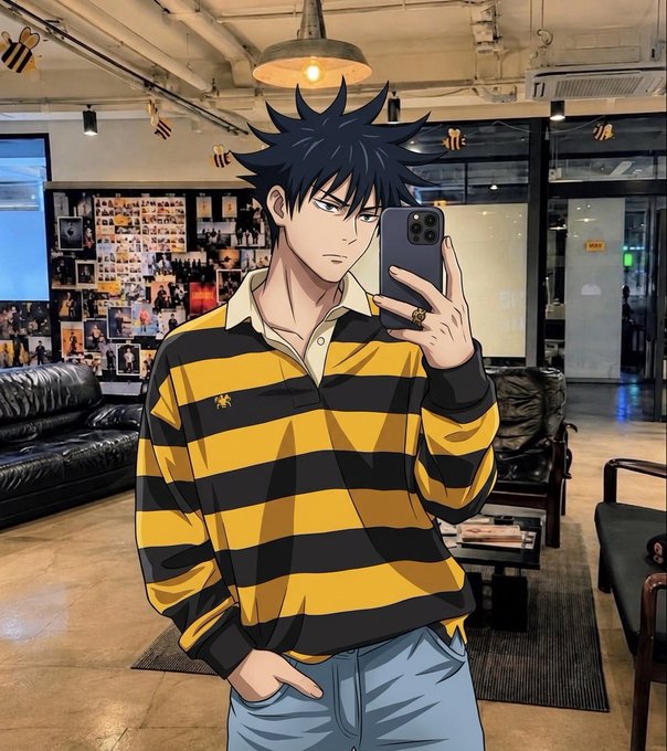 An anime-style male character with spiky dark hair poses for a mirror selfie wearing a black and yellow striped rugby polo shirt, standing in a room decorated with a photo wall, leather sofa, and bee-themed accents. The post promotes a $20 SOL giveaway by @gem_ilm, with the bee imagery in the image tying into the crypto giveaway branding.