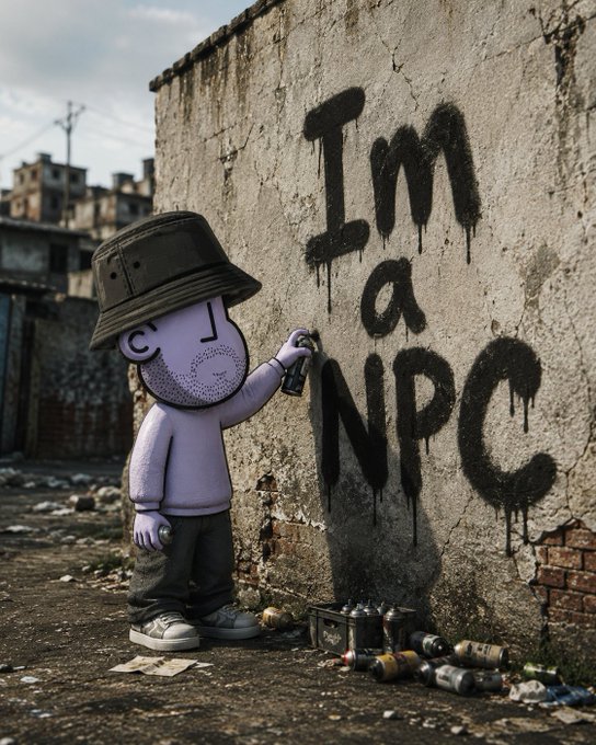 A purple cartoon-like figure in a bucket hat spray paints "I'm a NPC" in dripping black graffiti on a weathered concrete wall, surrounded by scattered spray cans and urban debris. The image visually embodies the post's "NPC on chain" theme, portraying the act of tagging oneself as an NPC as part of the meme's playful identity.