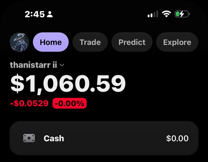 A mobile app screenshot displays a portfolio for user "thanistarr ii" showing a balance of $1,060.59 with a -$0.0529 (-0.00%) change, with $0.00 cash. The image relates to the post by showing the trader's account balance as they prepare to size into the $ANSEM dip, with their available cash position relevant to executing the planned trade.