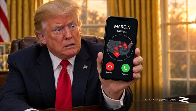 An image of Donald Trump in the Oval Office holding up a smartphone displaying a "MARGIN calling..." screen with a map of the United States and "Decline"/"Accept" buttons, with "STARKFREEDOM.ORG" watermarked.