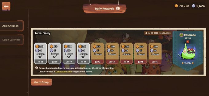 A screenshot of a Daily Rewards interface for Axie Infinity showing a check-in calendar from July 8-16 with bonus rewards, alongside a Roserade Axie #2158 in the right panel.