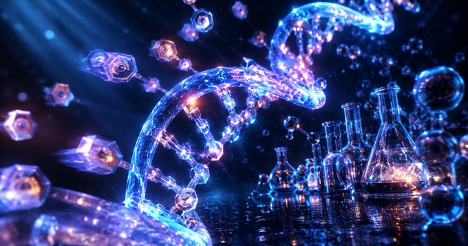 A glowing blue DNA double helix intertwined with molecular structures and glass laboratory flasks in a dark scientific setting.