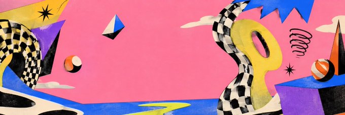 A colorful abstract illustration with a pink sky background features black and white checkered shapes, geometric forms including a yellow figure-8, a tornado-like spiral, and various floating objects.
