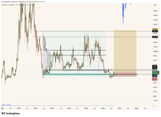 A TradingView chart of Litecoin (LTC/USDT) on a weekly timeframe from September 2020 to 2028, showing the current price at $54.22 with technical analysis levels including a key resistance zone at $132.48 and $160.17, and a highlighted target area extending into 2026–2027 consistent with the poster's bullish $140 target for LTC.