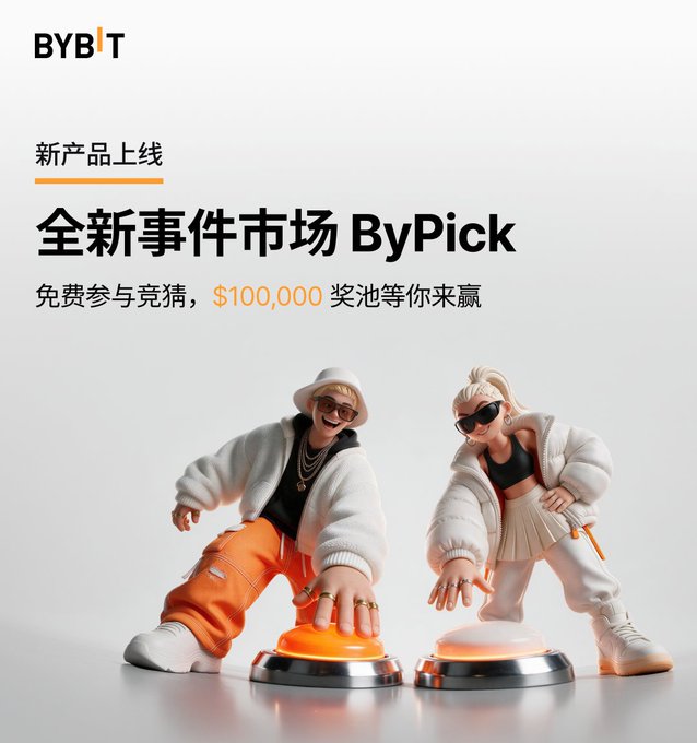 A Bybit advertisement in Chinese announcing a new product launch called '全新事件市场 ByPick' with a $100,000 prize pool, featuring two people pressing large buttons.