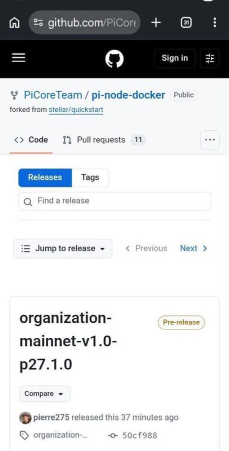 A screenshot of a GitHub repository page for 'PiCoreTeam / pi-node-docker' (forked from stellar/quickstart), showing the Releases tab with a pre-release titled 'organization-mainnet-v1.0-p27.1.0' released by pierre275 37 minutes ago.