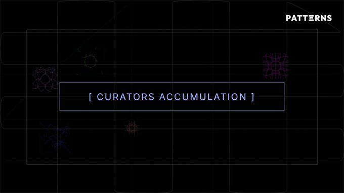 A dark promotional graphic features a grid pattern with abstract neon-colored bursts and the central text "[ CURATORS ACCUMULATION ]" alongside a "PATTERNS" logo in the upper right, advertising a time-limited free mint event on OpenSea where collectors can claim one NFT per wallet within a 2-hour window.
