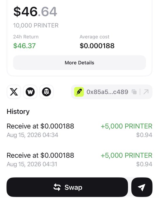 A cryptocurrency wallet screen displaying a balance of $46.64 for '10,000 PRINTER' token, showing an average cost of $0.000188 and transaction history dated Aug 15, 2026.