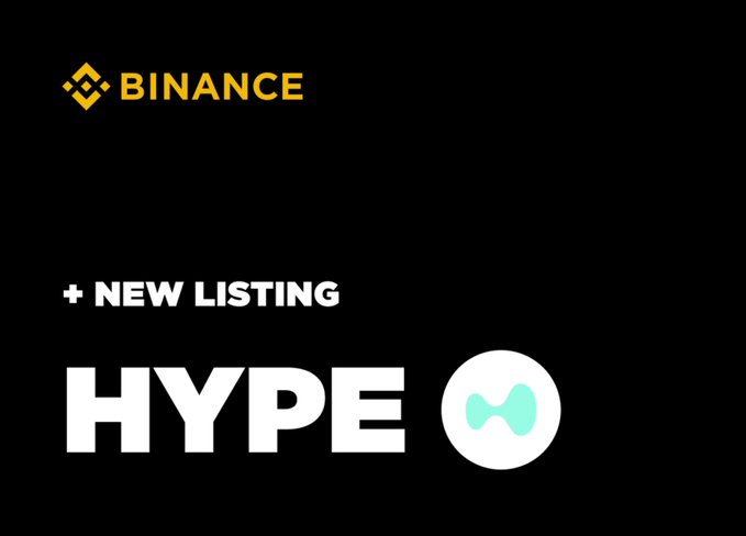 A black promotional graphic announces a '+ NEW LISTING' on Binance for the token HYPE, featuring the Binance logo and HYPE's circular mint-green logo.