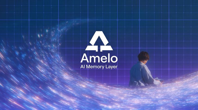 A promotional image for 'Amelo AI Memory Layer' featuring a person in a blue shirt viewed from behind against a deep blue grid background with swirling particle effects.