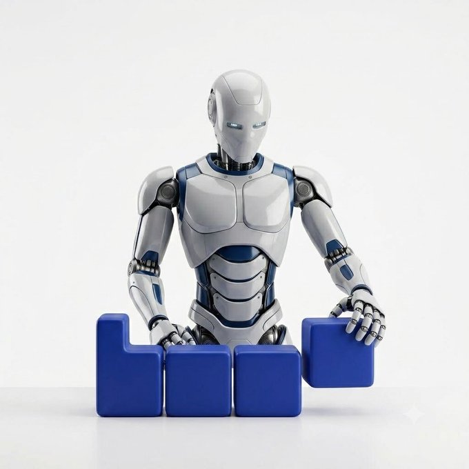 A 3D-rendered white and blue humanoid robot sitting behind blue blocks spelling 'LIKE' with thumbs up, against a white background.