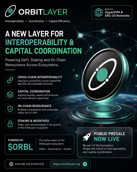 Promotional graphic for OrbitLayer, a crypto project built for HyperEVM and ERC-20 networks, featuring the $ORBL token and highlighting cross-chain interoperability, capital coordination, on-chain reinsurance, and staking incentives.