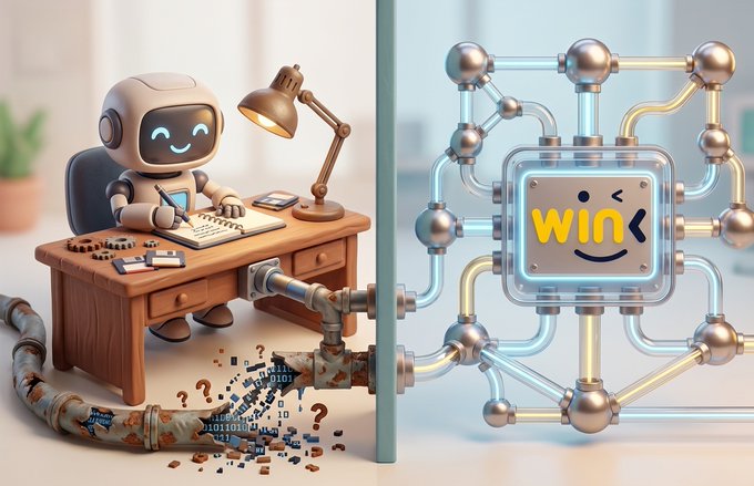 A 3D illustration showing a cute robot character writing at a desk on the left, with a complex mechanical pipe system on the right that leads to a glowing 'WIN' display, suggesting the process of turning data or effort into a successful outcome.