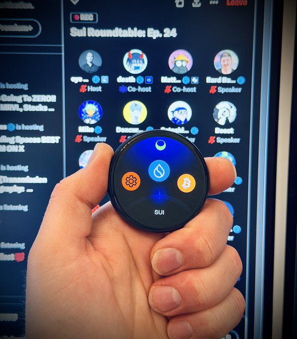 The image shows a person's hand holding a small device, possibly a watch or a phone with a screen displaying various icons related to social media platforms like Facebook, Instagram, Twitter, and others. The background of the image features a computer monitor that displays a list of names on it. The post in question is about trust and security, stating that they trust keeping $SUI secured.