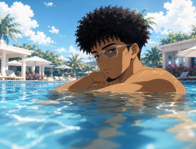 An anime-style illustration of a young man with curly black hair and glasses in a swimming pool at a resort, with palm trees, umbrellas, and a building in the background.