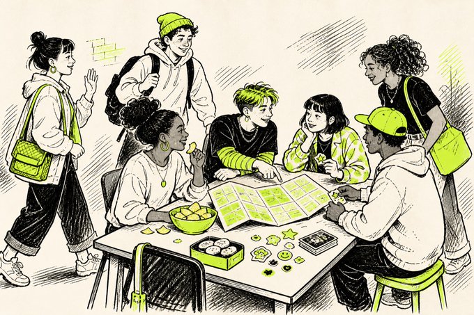 The illustration depicts a group of young people gathered around a table, sharing snacks and collaboratively brainstorming with papers and stickers, visually reinforcing the post's message that "good ideas get louder together" through community participation in the $COMMUNITY token.
