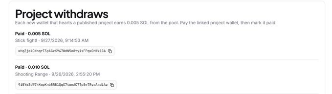 A 'Project withdraws' log showing small payouts of 0.005 SOL for 'Stock fight!' and 0.010 SOL for 'Shooting Range', along with their Solana transaction hashes.