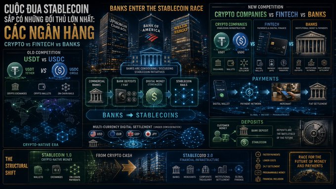An infographic titled 'CUỘC ĐUA STABLECOIN' about the stablecoin race, comparing crypto vs fintech vs banks, featuring JPMorgan Chase, Bank of America, and Wells Fargo logos, with sections on USDT vs USDC competition and multi-currency digital settlement.