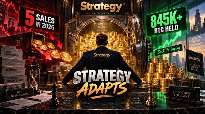 Bitcoin-themed illustration featuring Strategy and a man before a vault packed with gold coins and Bitcoin symbols. Visible text includes “5 SALES IN 2026,” “845K+ BTC HELD,” “STRATEGY ADAPTS,” and “Back to buying.”