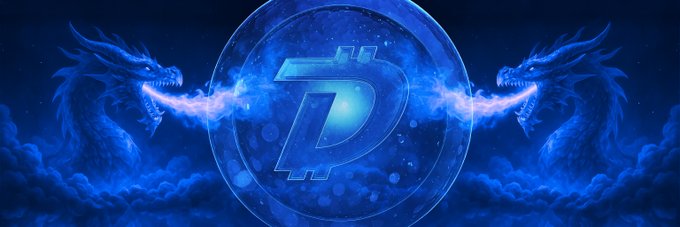 A blue digital artwork featuring two dragons breathing blue energy flames toward each other, with a stylized 'P' coin or token in the center.
