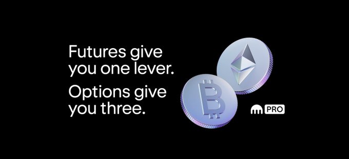 A black promotional graphic with white text reading "Futures give you one lever. Options give you three," alongside silver Bitcoin and Ethereum coins and the Kraken Pro logo, illustrating how Kraken's new USD-settled options product for BTC and ETH gives institutional traders additional tools to manage volatility risk at expiry without crypto-denominated settlement.