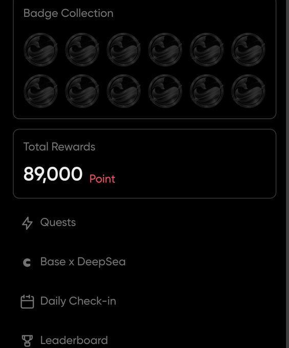 A digital dashboard showing a 'Badge Collection' of identical circular icons and 'Total Rewards' of 89,000 Points, with menu options including Quests and Daily Check-in.