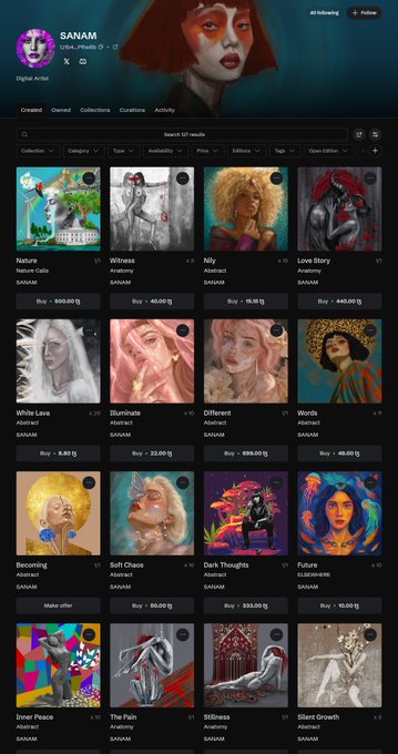 An 'Abstract' digital art gallery profile for 'SANAM' (1284, NFTs | 22) showing a grid of artworks for sale including 'Nature', 'Witness', 'Nily', 'Love Story', 'White Lava', 'Illuminate', 'Different', 'Words', 'Becoming', 'Soft Chaos', 'Dark Thoughts', 'Future', and more.