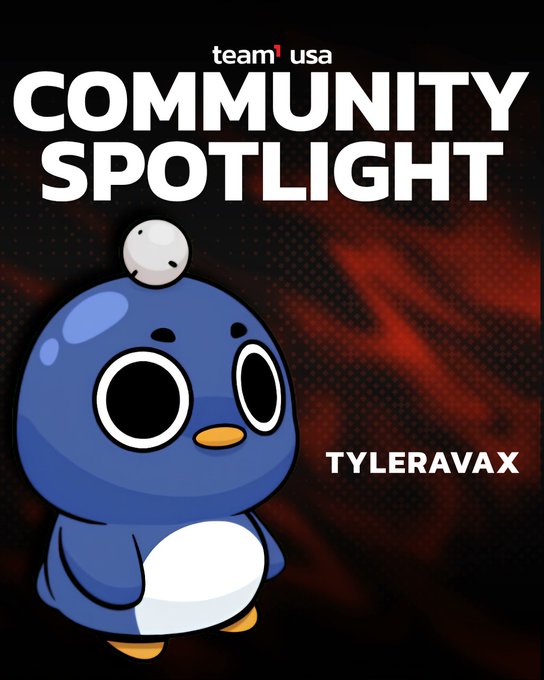 A "COMMUNITY SPOTLIGHT" graphic for "team usa" featuring the name "TYLERAVAX" alongside a blue penguin-like cartoon character with large eyes and a white tuft on its head.
