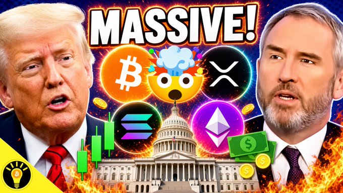 This image depicts Donald Trump and another man with prominent cryptocurrency logos like Bitcoin, XRP, Solana, and Ethereum, set against the U.S. Capitol building. It visually represents the post's focus on major cryptocurrency gains and a significant White House crypto meeting.
