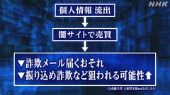 A Japanese NHK news graphic with text boxes reading '個人情報 流出' (personal information leak), '闇サイトで売買' (sold on dark web), and '詐欺メール届おそれ' and '振り込め詐欺など狙われる可能性' (risk of phishing and fraud).