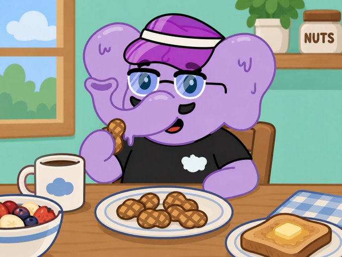 A cartoon purple elephant character wearing a purple visor and glasses, sitting at a breakfast table with a plate of waffles, a bowl of fruit, coffee, and toast with butter, with a 'NUTS' jar on the shelf.