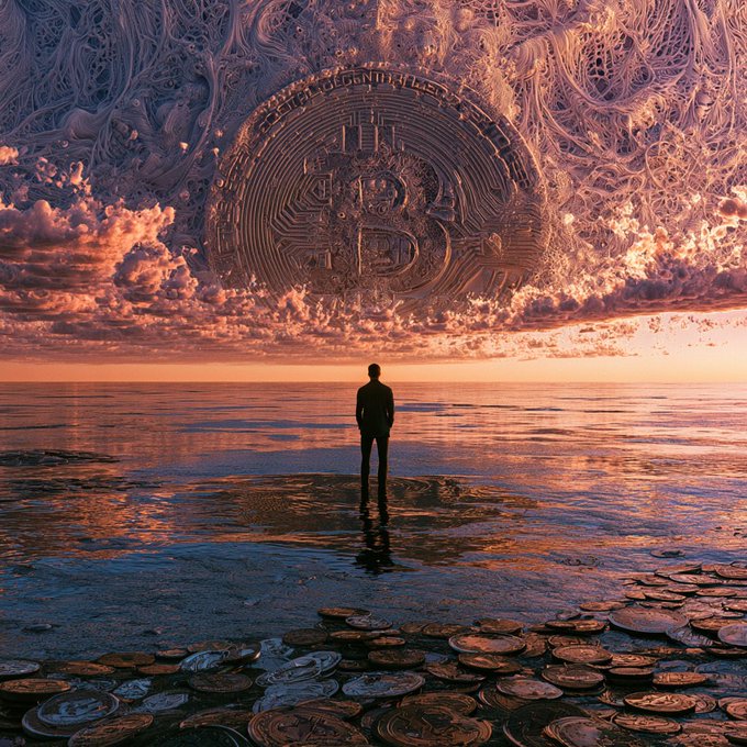 A solitary person stands at the water's edge beneath a massive Bitcoin symbol stamped across a swirling, otherworldly sky, surrounded by scattered coins on the ground. The image captures the post's message of breaking past old limits—urging viewers to look beyond what's familiar and step into a new era of passion, presence, and power, much like Bitcoin itself represents a bold reimagining of money.