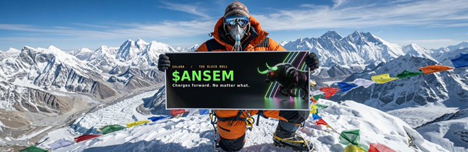 A mountaineer in an oxygen mask on a snowy peak with prayer flags holds a banner reading 'THALA — THE $ALPHA MIND $ANSEM — Charged forward. No matter what.'