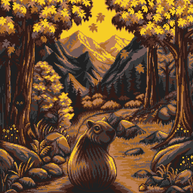Pixel art depicting a bear in a forest with autumn foliage and mountains in the background under a yellow sky.