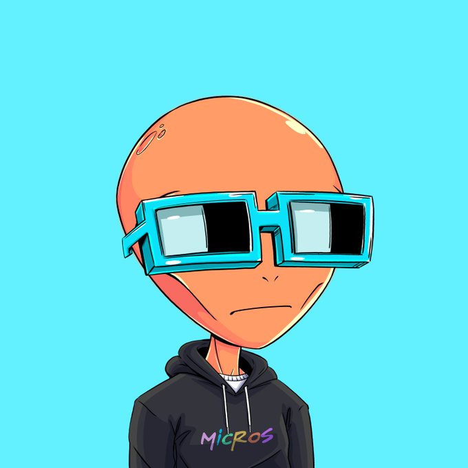 An NFT-style illustration of a bald orange character wearing blue pixelated sunglasses and a black 'Micros' hoodie against a cyan background.