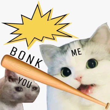 A meme showing a white cat labeled "ME" holding a baseball bat labeled "BONK YOU" about to hit a yellow starburst, alongside a smaller cat, relating to the post's bullish hype around $KITTEN with the playful "bonk" framing suggesting the token is poised to outperform.