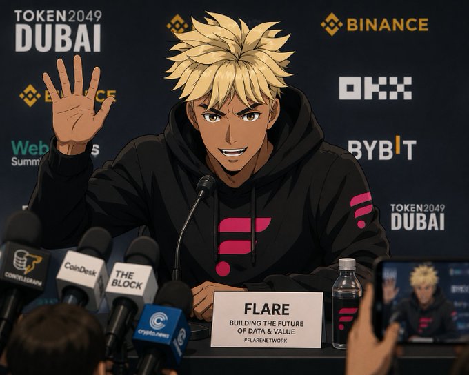 An anime-style character with blonde spiky hair sits at a TOKEN2049 Dubai press conference table, wearing a black Flare hoodie and waving to the crowd. The placard reads "FLARE - Building the Future of Data & Value," with sponsor logos including Binance, OKX, Bybit, CoinDesk, The Block, Cointelegraph, and Crypto.news displayed around the panel, visually reinforcing the post's claim about $FLR as a standout data-centric, smart-contract-compatible blockchain.