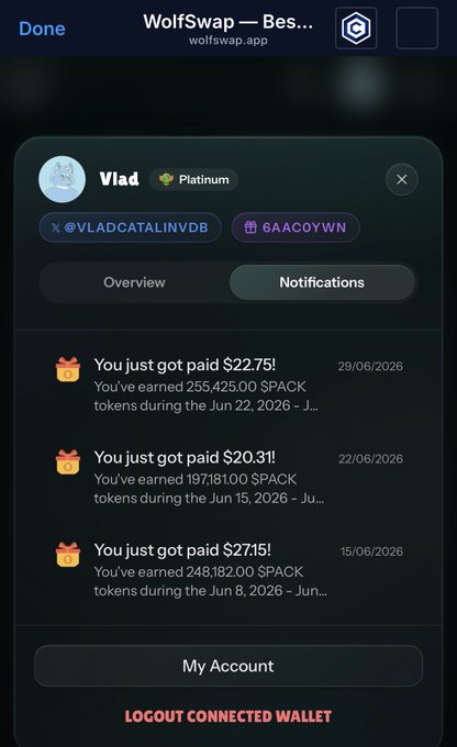 WolfSwap notifications panel showing user 'Vlad' (Platinum tier, @VLADCATALINVDB, 6AAC0YWN) with three payment notifications: $22.75 (29/06/2026), $20.31 (22/06/2026), and $27.15 (15/06/2026) earned in SPACK tokens.