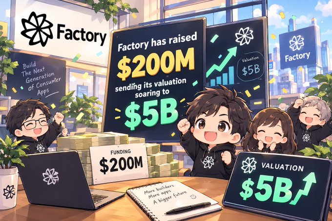 An illustration shows excited cartoon characters celebrating around a 'Factory' logo and a board declaring 'Factory has raised $200M sending its valuation soaring to $5B'.