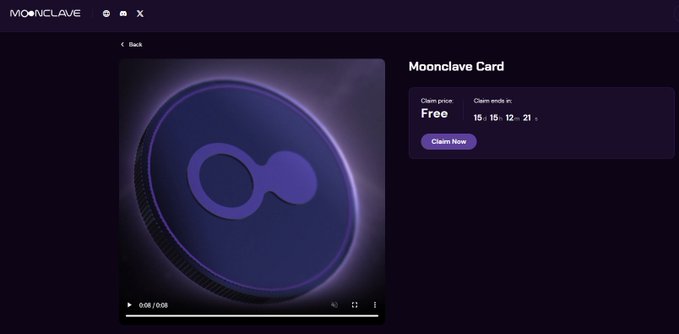A screenshot of a webpage titled 'Moonclave Card' showing a 3D rendered purple coin, with options to claim the card for free ending on 12/21.
