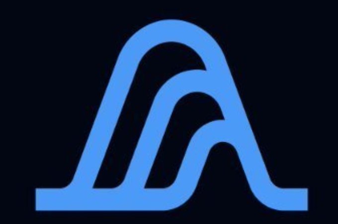 A blue logo consisting of stylized, layered 'A' or wave-like shapes on a black background.