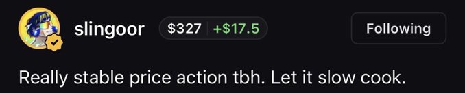 A screenshot of a tweet from user "slingoor" displaying a portfolio value of $327 (+$17.5), with the message "Really stable price action tbh. Let it slow cook." The post supports the bullish sentiment toward $Loom by showing modest gains and advocating for patience in holding the asset.