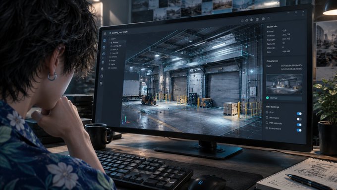 A person with dark curly hair and earrings viewing a surveillance software interface on a curved monitor, showing a warehouse loading dock with forklift and data panels.