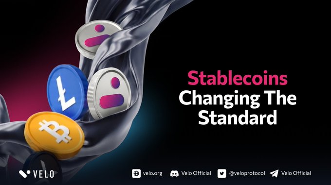 A promotional graphic for Velo features metallic coins representing Bitcoin, Litecoin, and other crypto tokens set against a dark, fluid background, alongside the headline "Stablecoins Changing The Standard." The image visually reinforces the post's message about stablecoins transforming global payments and bridging digital assets with real-world financial infrastructure through PayFi.